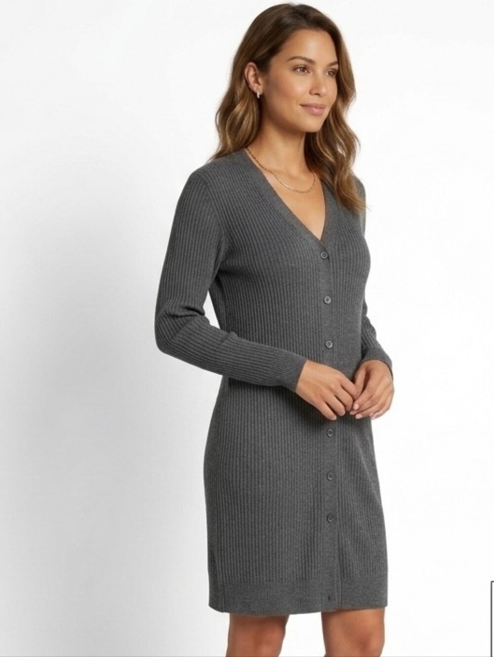 Venezia Vtg Jeans Cloth Gray Ribbed Knit Long Cardigan Duster Sweater Dress M